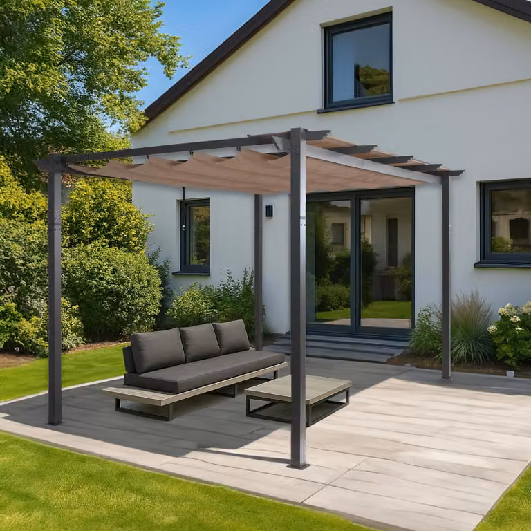 Pergola in alluminio HWC-N93, gazebo da giardino, struttura robusta da 8 cm, tetto scorrevole UV50+ 3x4m ~ grigio