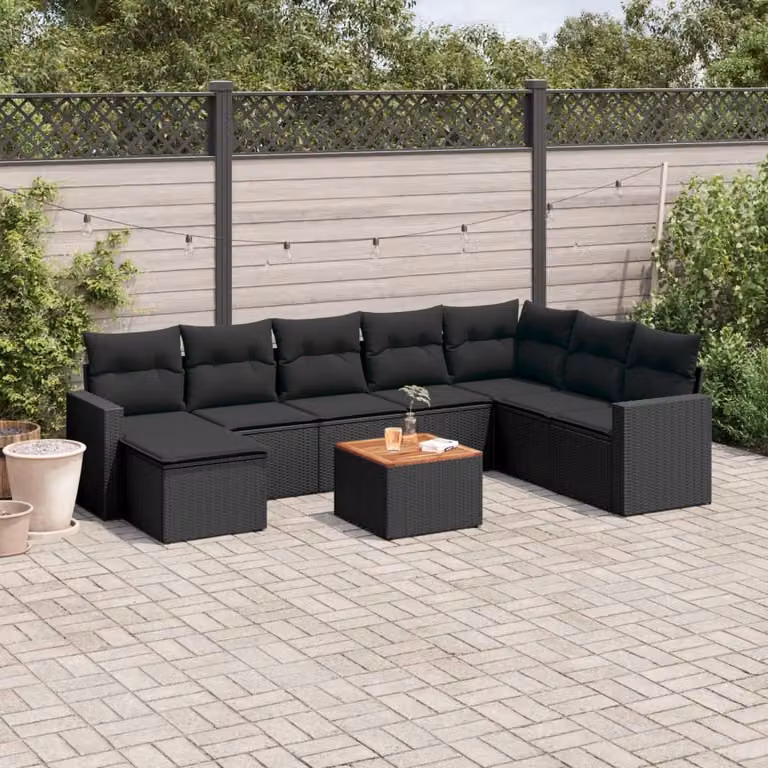 vidaXL Set Divani da Giardino 9 pz in Polyrattan Nero con Cuscini e Tavolino da Esterno