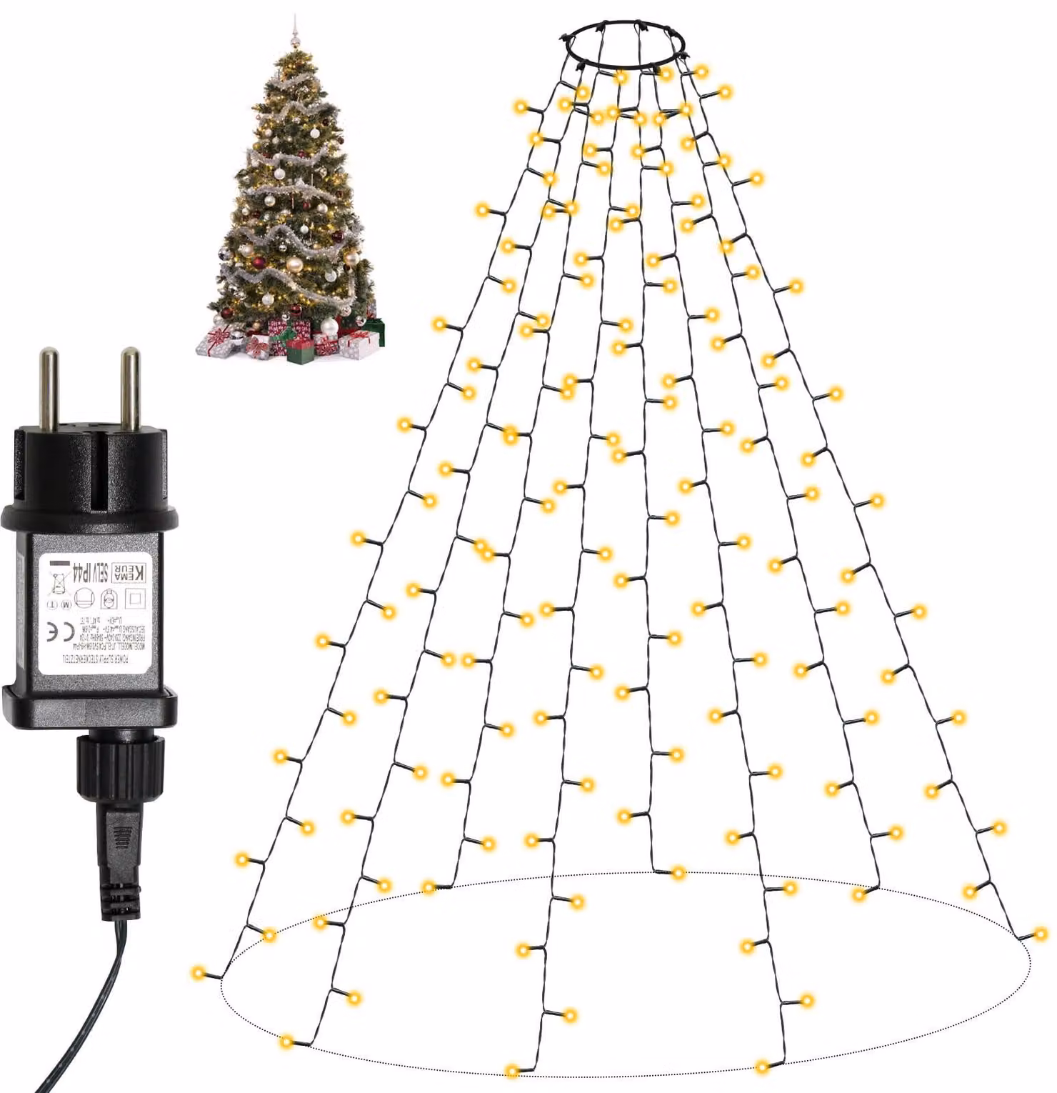 Catena luminosa per albero di Natale, 2 metri, 280 LED, 8 fili, luce bianco caldo, grado di protezione IP44