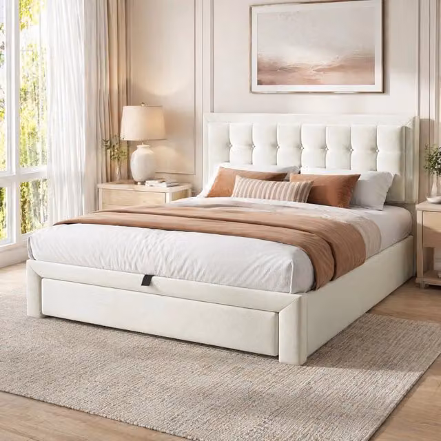 Letto matrimoniale contenitore 140 × 190 cm in velluto beige con testiera regolabile e 2 cassetti a rete