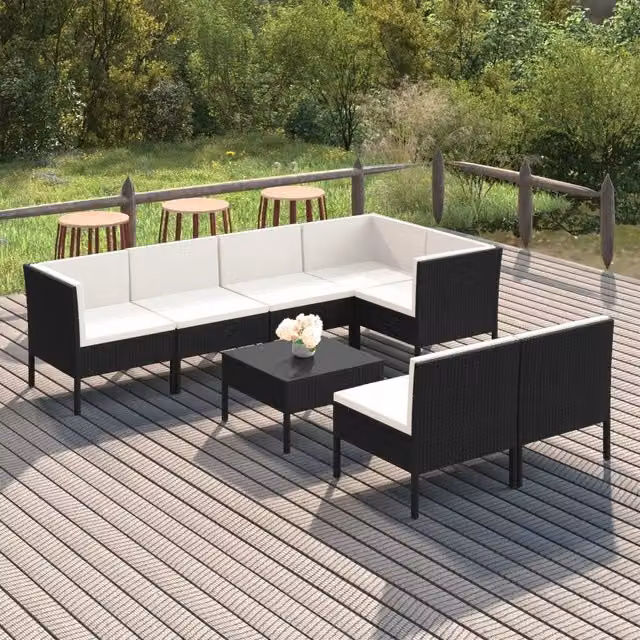 Set da giardino moderno vidaXL composto da 8 pezzi con cuscini bianchi e struttura in rattan nero e metallo a forma di L – 1