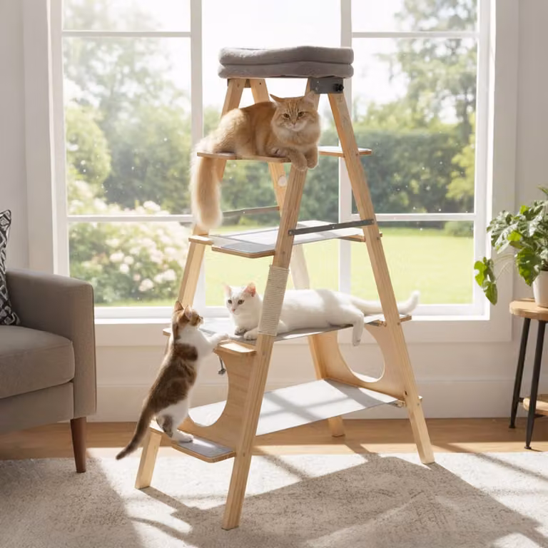 Albero per gatti moderno Costway in legno massello di pino marrone con cuscino imbottito e torretta superiore