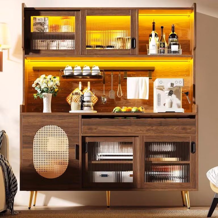 Armadio 145x39x171 cm, 5 ante, illuminazione a LED, vetro lavorato, colore marrone