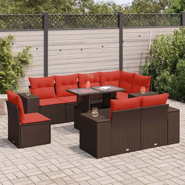 Set di divani da giardino vidaXL in polyrattan marrone con cuscini e tavolino da esterno a forma di U
