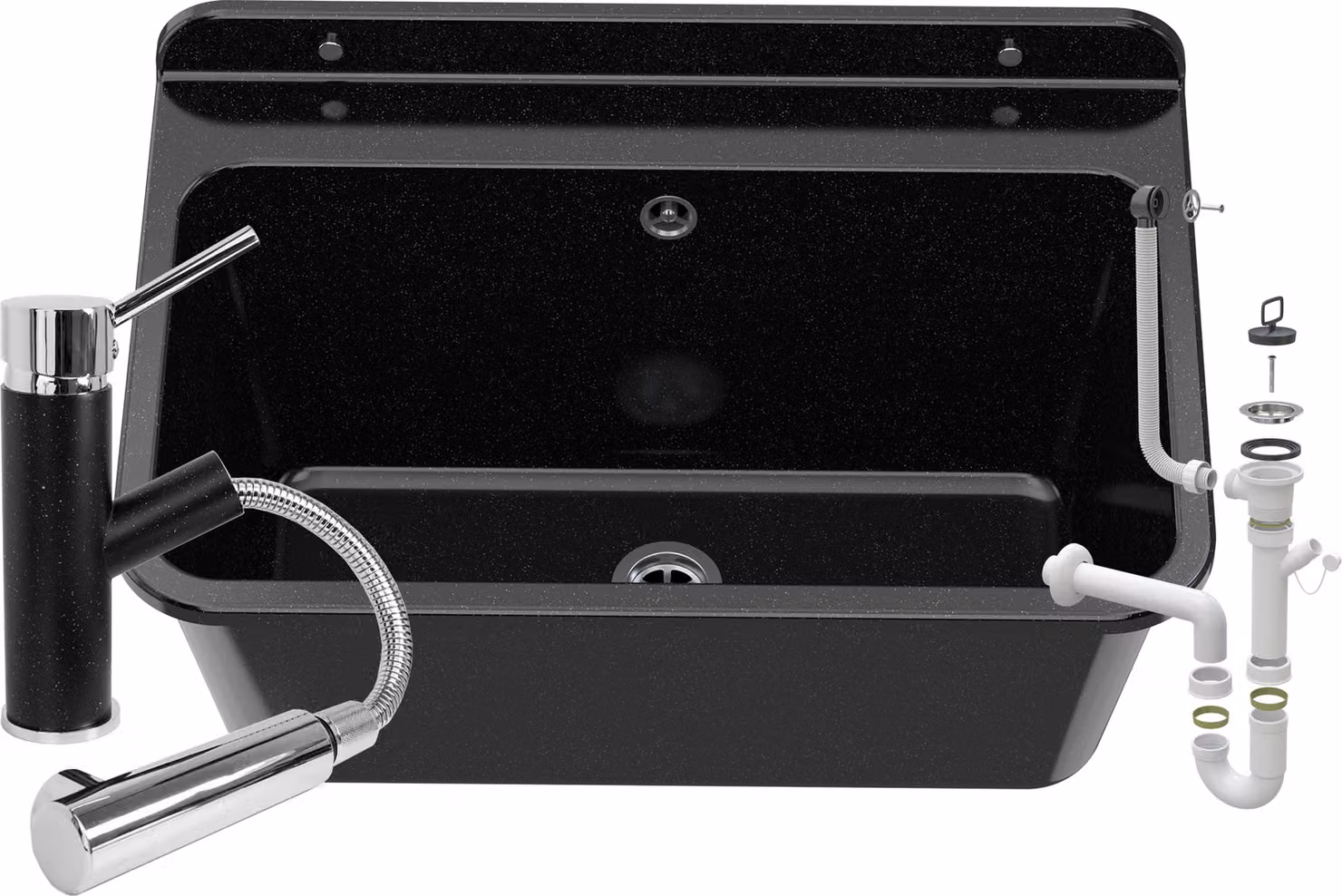 Granitan - Lavabo - Lavello - 61x41x30 cm - Nero - con rubinetteria CADO e sifone - LARGE