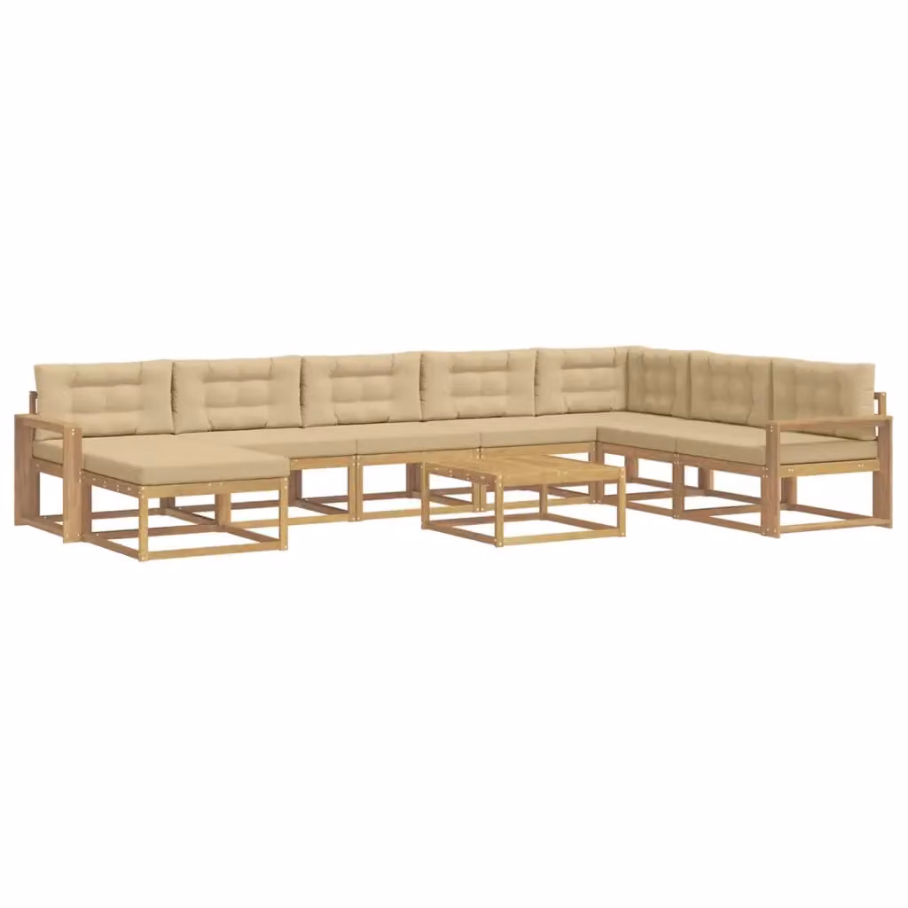 Set di divani da esterno a forma di U vidaXL in legno di acacia con tavolino e pouf, Bianco e Beige – 2
