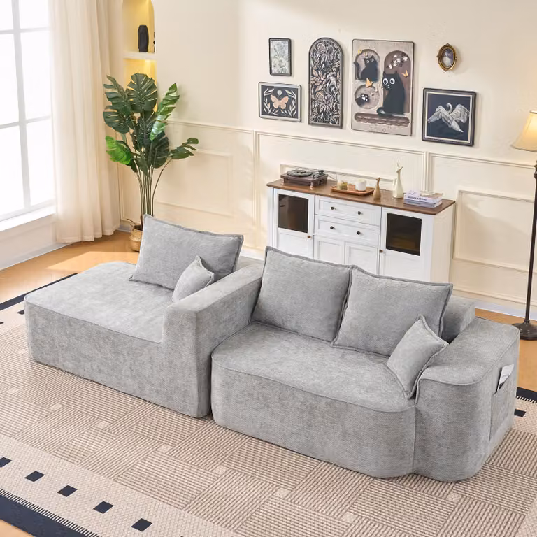 MODFU Divano ad angolo, divano componibile, gruppo divani con chaise longue, combinazione flessibile, ciniglia, per soggiorno e camera da letto, grigio