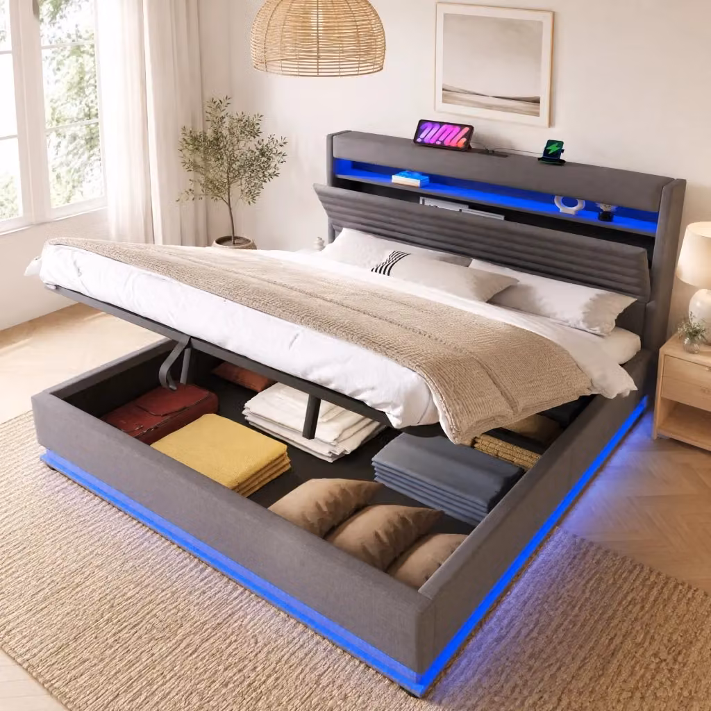 Letto matrimoniale MODFU imbottito in tessuto grigio con contenitore, illuminazione LED, porte USB e USB-C e mensola integrata, L/P/H: 180 x 200 x 113,5 cm – 2
