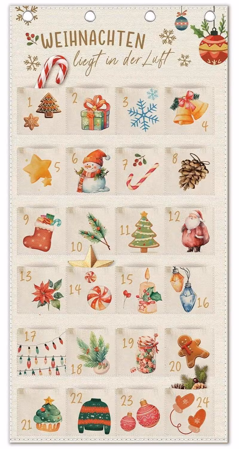 Calendario dell'Avvento in tessuto, riutilizzabile, con 24 tasche. Calendario da parete, dimensioni 120x60 cm