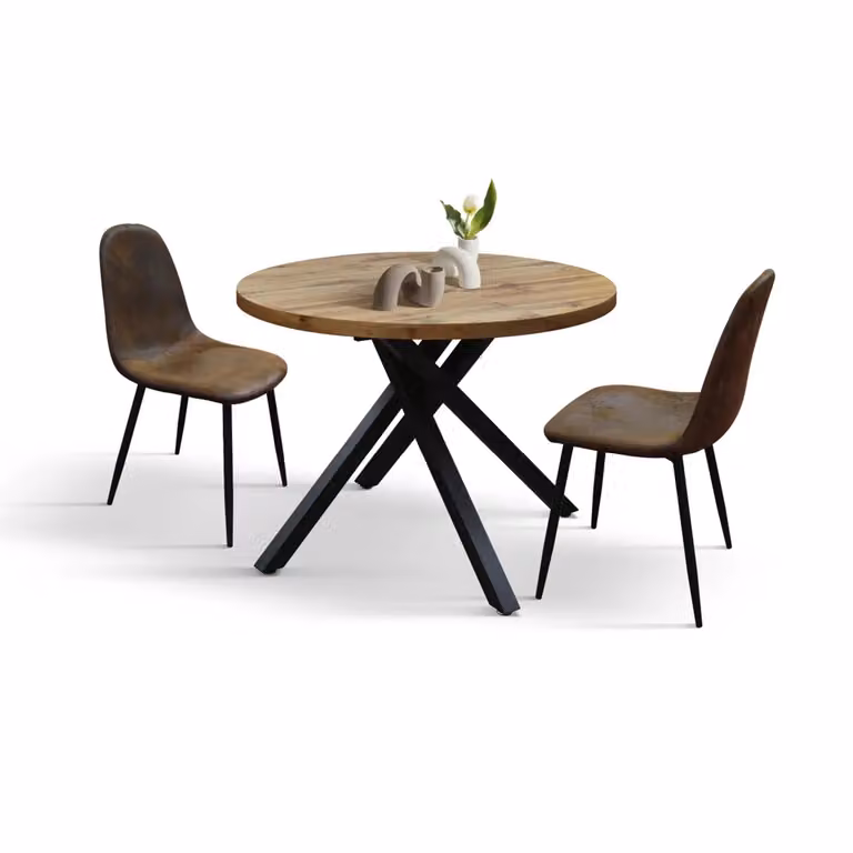 Tavolo rotondo POLA in legno, finitura rovere rustico e gambe incrociate in metallo nero, allungabile Ø100xH75 cm – 140x100x75 cm