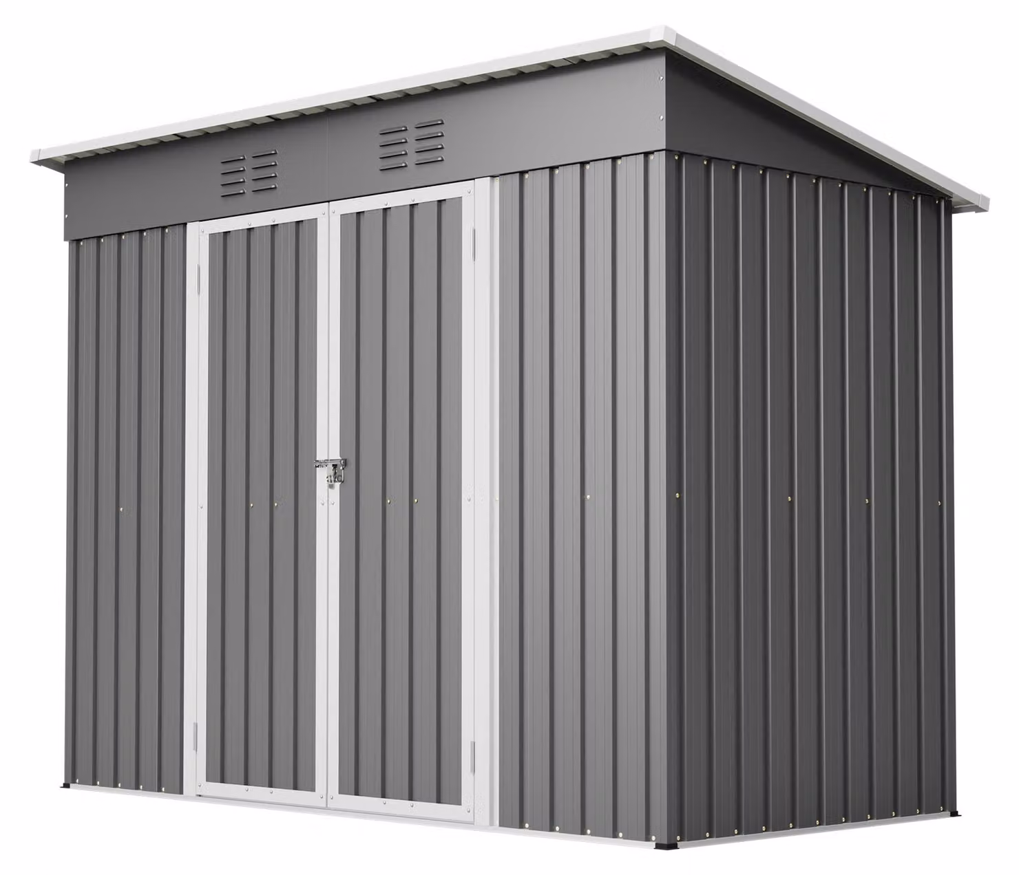 Edificio metallico di dimensioni 242 x 126 x 182 cm, con tetto a falda, realizzato in acciaio zincato, dotato di porta con serratura, telaio a pavimento e 2 griglie di ventilazione, progettato per un ingombro ridotto e montaggio a parete, colore grigio