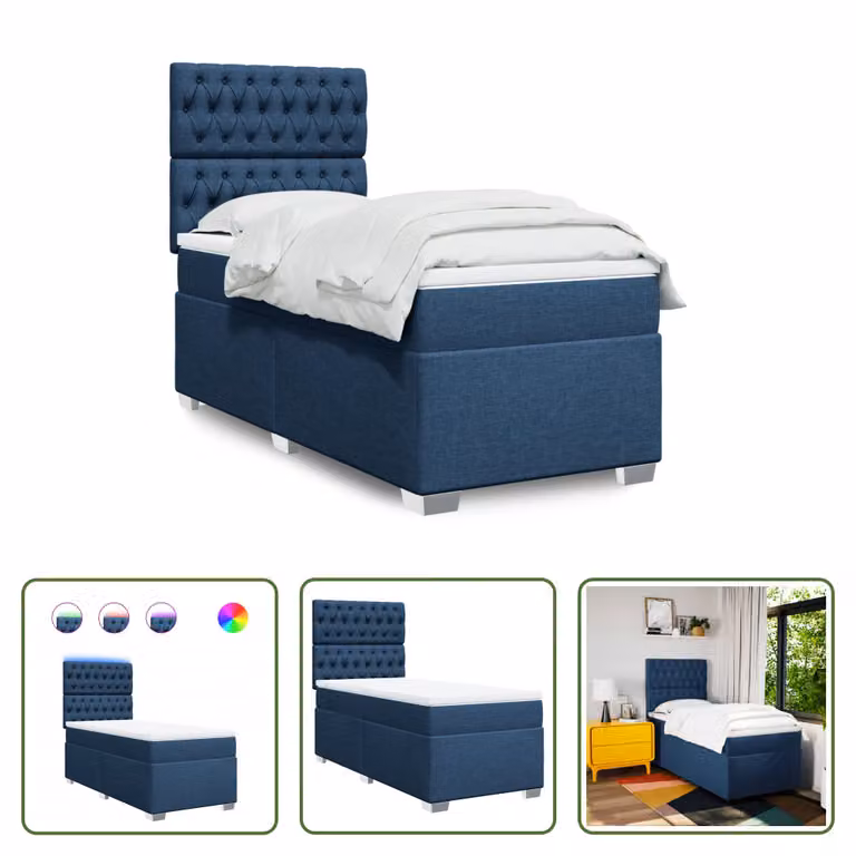 The Living Store Letto a molle con materasso blu 90x190 cm in tessuto