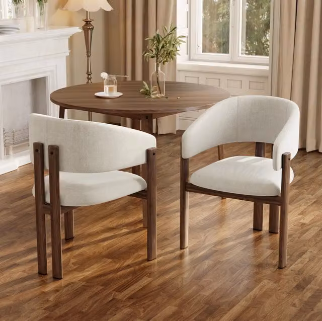 Set di 2 sedie da pranzo con braccioli in metallo effetto noce e lino beige