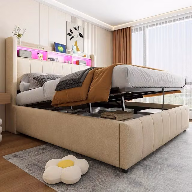 Letto Imbottito Contenitore con LED e USB ¨C MINIMAL ¨C Tessuto Beige 140x200