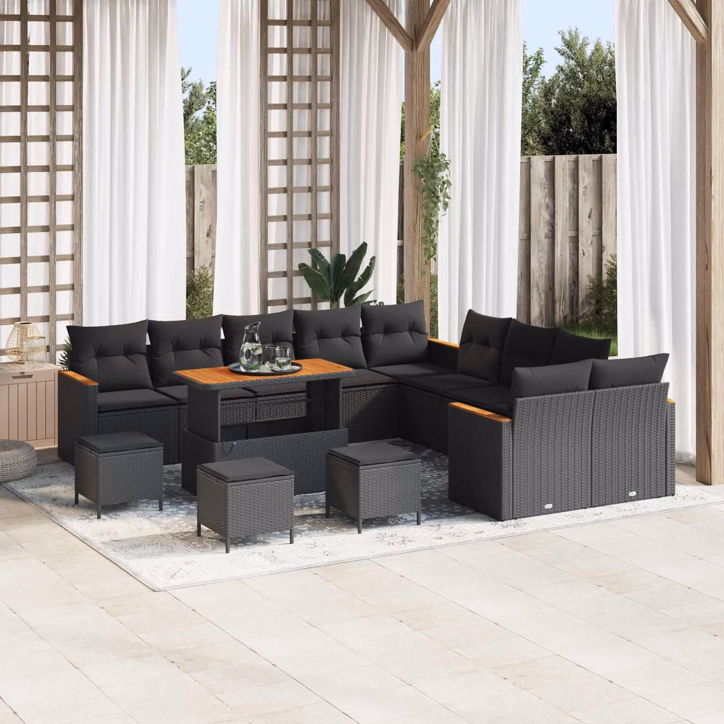 Set Divano da Giardino vidaXL a forma a U in Polyrattan Nero con Cuscini e Tavolino da 14 Pezzi – 1