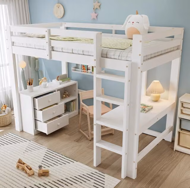 Letto a soppalco per bambini 90x200 cm con scrivania; cassettiera e scaffale; bianco