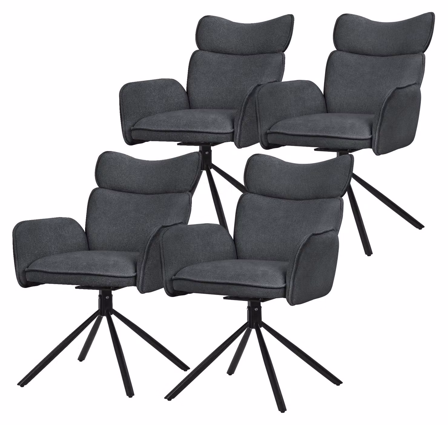 Set di 4 sedie da pranzo girevoli, colore antracite, rivestite in tessuto, con braccioli