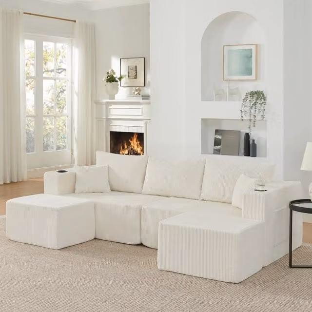 Divano angolare modulare 3 posti con 2 pouf mobili in tessuto a coste beige