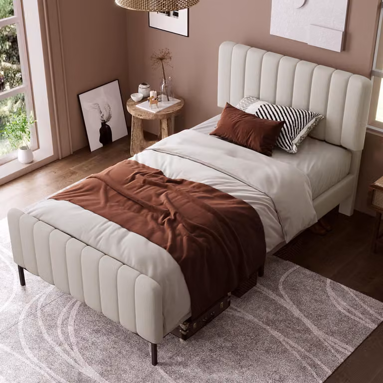 Letto imbottito Flieks, 90x192 cm, con rete a doghe, letto matrimoniale con testiera, struttura letto minimalista, grigio e beige, lino, legno e metallo