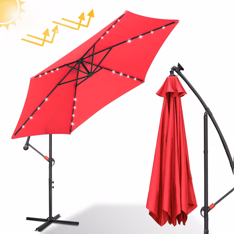 Ombrellone con illuminazione LED Ombrellone da giardino da 300 cm con 24 luci LED Protezione UV Manovella Portaombrelli Ombrellone da giardino Ombrellone da mercato, rosso