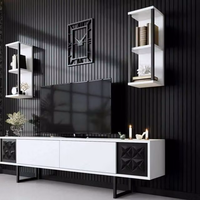 Mobile porta TV Axa DMORA, Credenza moderna per soggiorno in metallo, Bianco e Nero, L: 180 cm, P: 30 cm, H: 48 cm