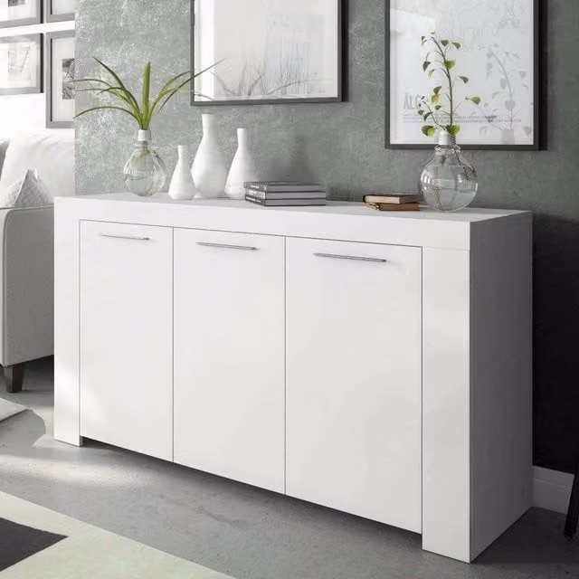 Credenza Amaculi DMORA, Madia moderna a 3 ante in legno e metallo per soggiorno, Bianco, L: 144 cm, P: 42 cm, H: 80 cm – 1