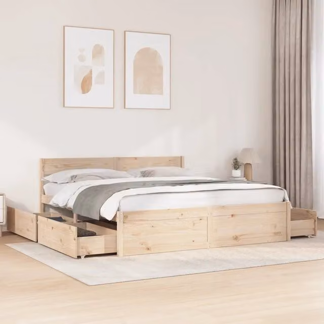 Letto matrimoniale vidaXL in legno massello di pino rustico marrone con cassetti L/P/H: 200 x 205,5 x 78 cm