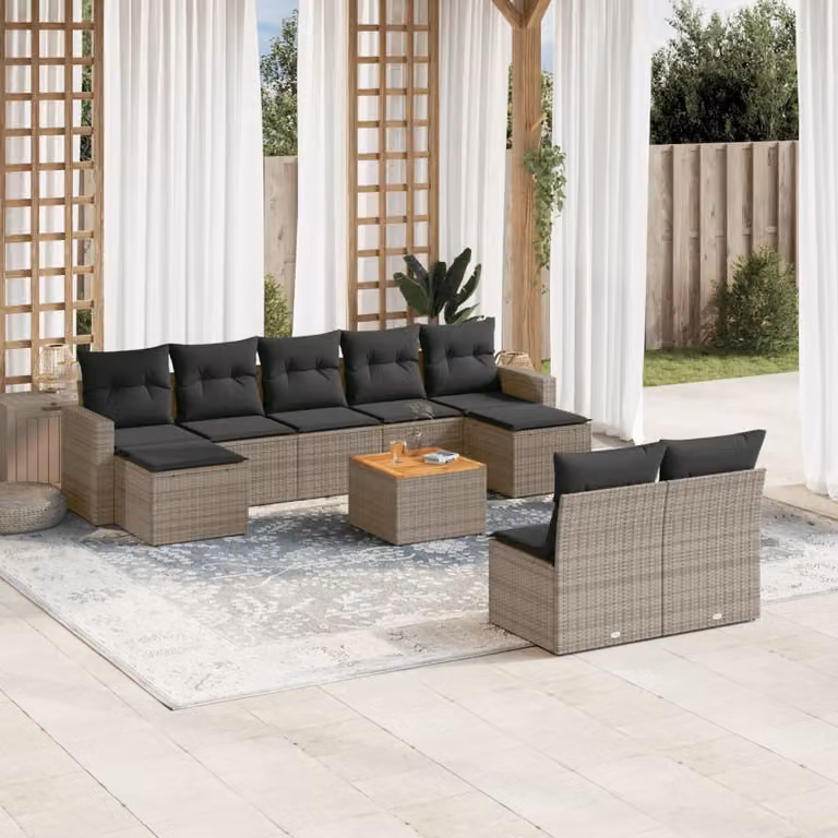 vidaXL Set Divano da Giardino 10 pz in Polyrattan Grigio con Cuscini e Tavolino