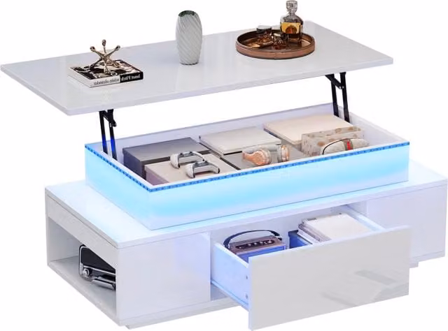 Tavolino da caffè REDOM bianco lucido con meccanismo sollevabile e design moderno L: 96 cm, P: 45 cm, H: 40 cm
