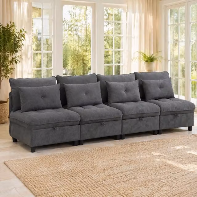 Divano modulare 4 posti con contenitore e funzione letto; 274x76x87 cm; chenille grigio antico