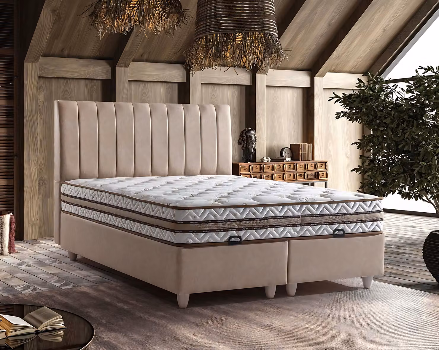 Beige Textilbett mit Matratze im eleganten Design
