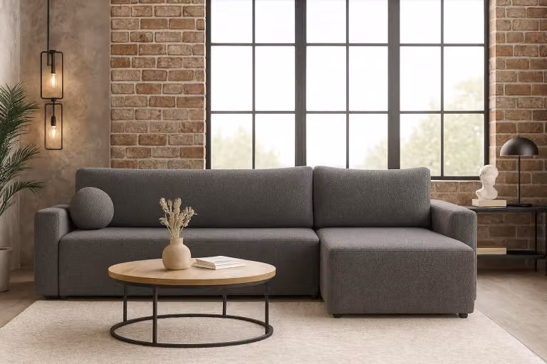 Il divano ad angolo Sofello BELLA GRAU Bouclé unisce un design elegante alla funzionalità, con funzione letto e capiente contenitore, cuscini rotondi in omaggio, superficie di riposo: 191–200