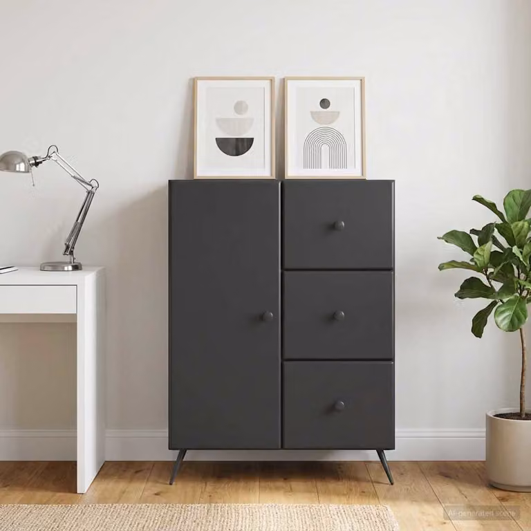 Credenza moderna vidaXL in legno ingegnerizzato e metallo, colore nero, L 66 cm x P 34,5 cm x H 90 cm