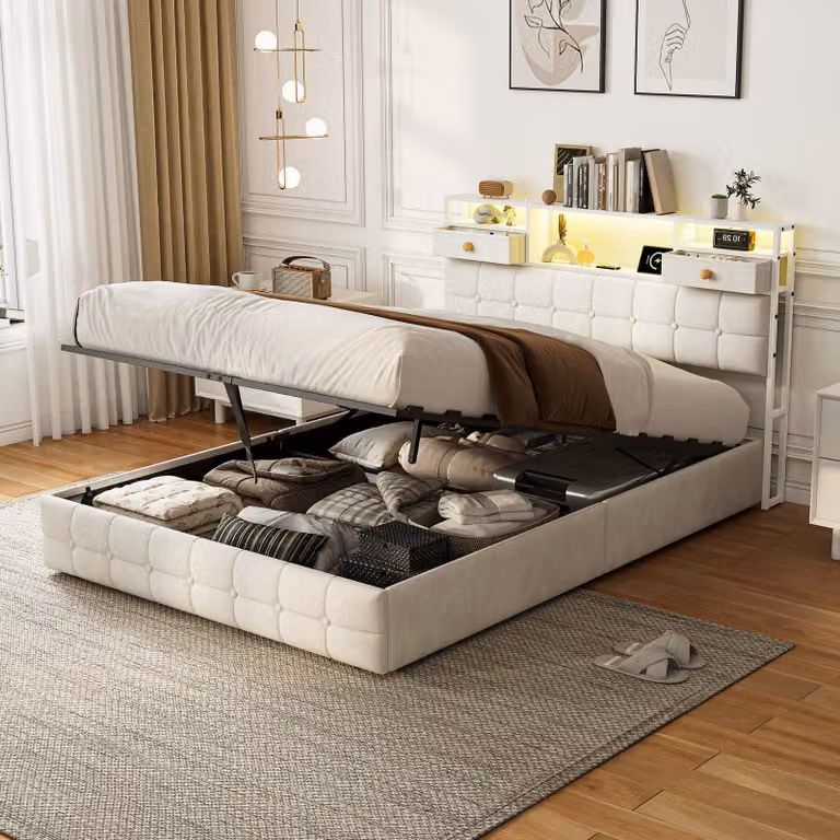 Letto imbottito 140x200 cm con spazio contenitore a sollevamento idraulico, testiera con ripiano e 2 cassetti, illuminazione LED, prese USB-C e USB, rete a doghe, colore beige, senza materasso