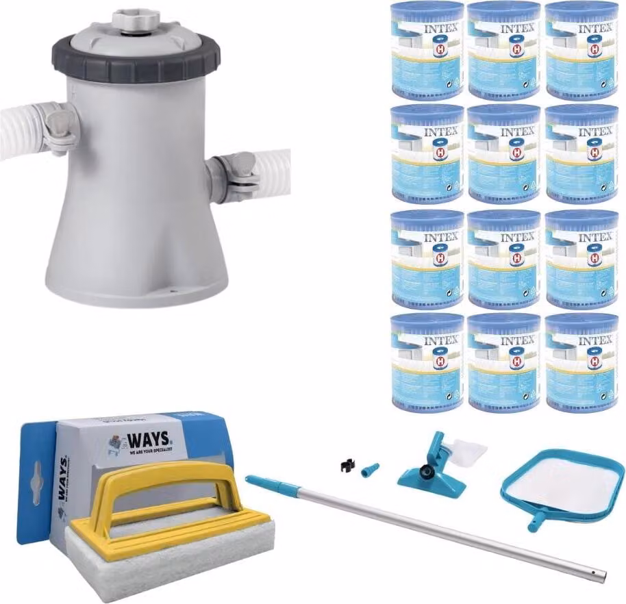 WAYS - Cura della piscina - Set di manutenzione & pompa filtro 1250 L/u & 12 filtri tipo H & spazzola WAYS
