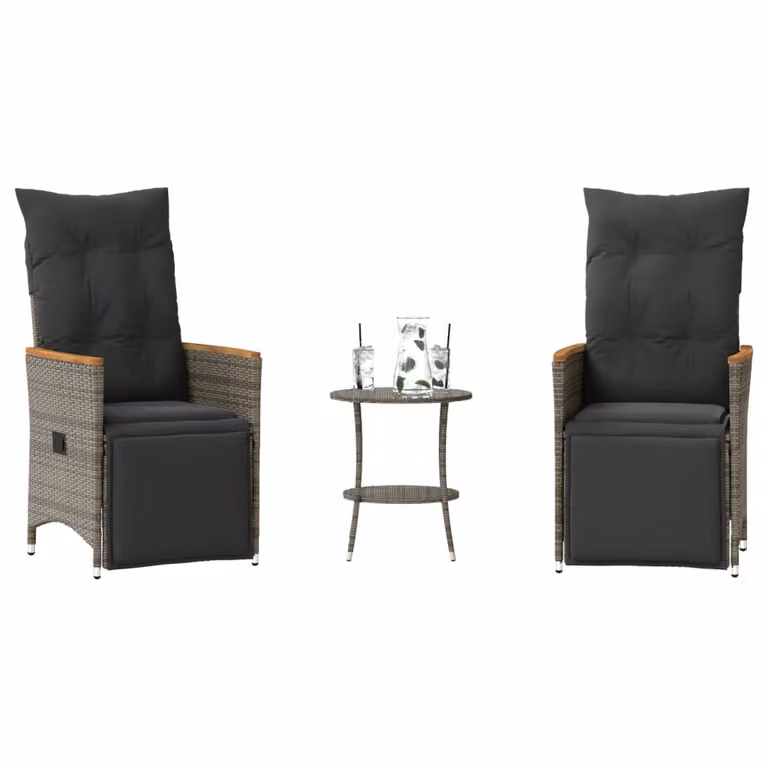 Set da Bistrò vidaXL 3 pz in Polyrattan Grigio con Cuscini e Tavolo in Legno di Acacia