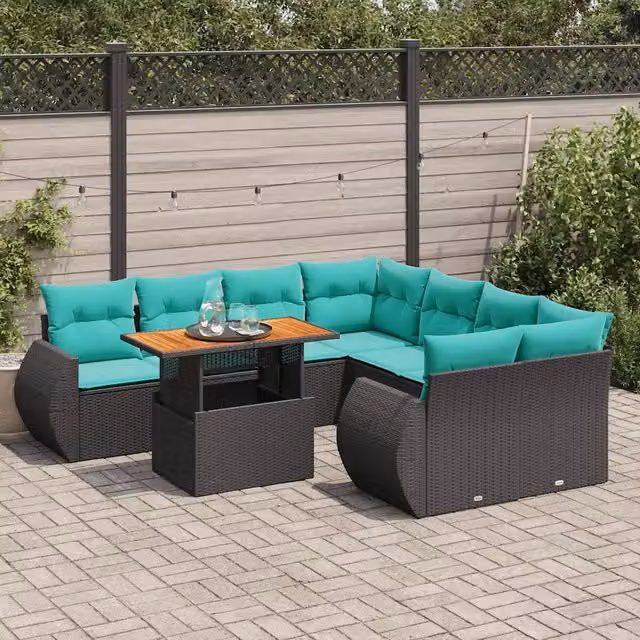 Set Divani da Giardino 9 pz con Cuscini Nero in Polyrattan 3327242
