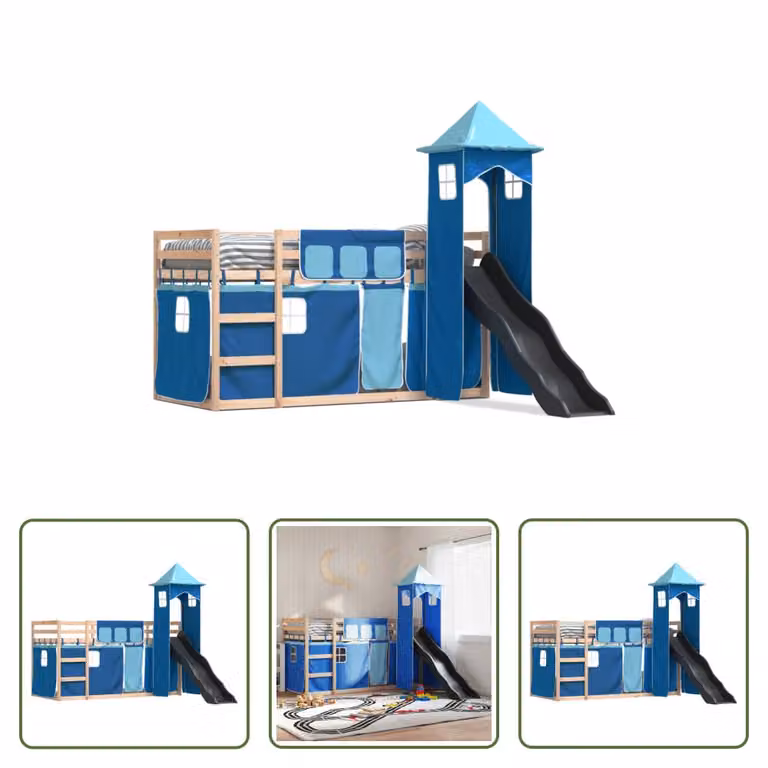 The Living Store Letto a castello con scivolo e tende Blu 80x200 cm