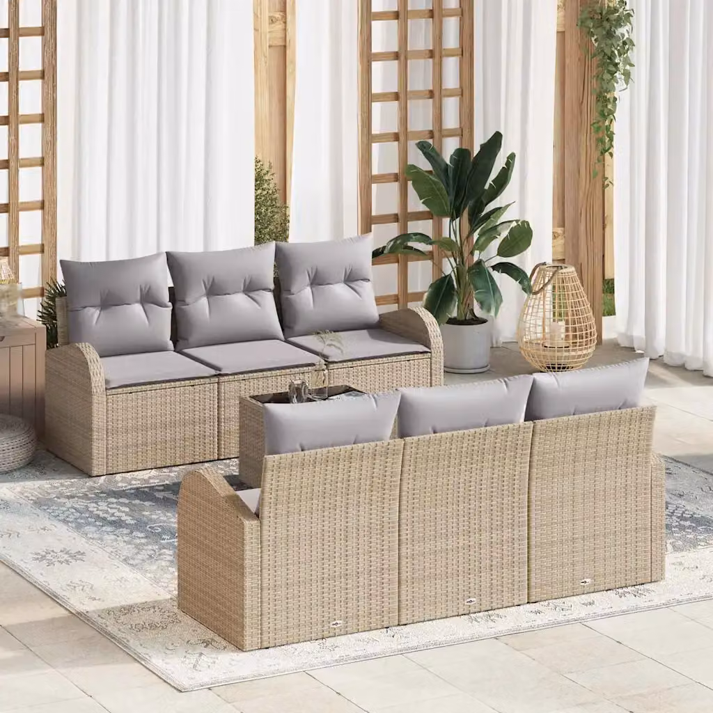 Set Divano da Giardino vidaXL 7 Pezzi a Forma di L con Poltrona, Tavolino e Pouf, Colore Beige e Grigio – 1