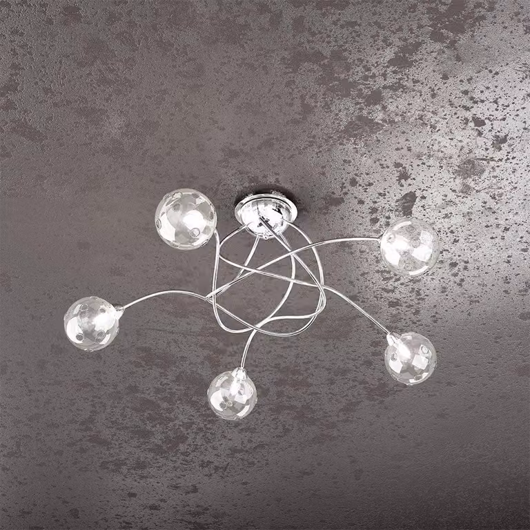 Plafoniera Contemporanea Super Ball Metallo Cromo Vetro Pirex 5 Luci G9