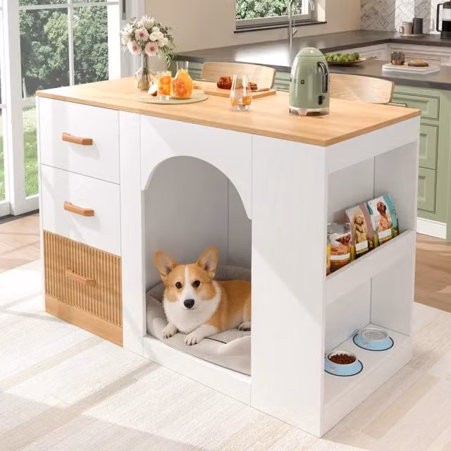 Mobile da cucina moderno con area per animali, 3 cassetti e ripiani laterali in MDF bianco effetto legno L/P/H: 120 x 60 x 90 cm