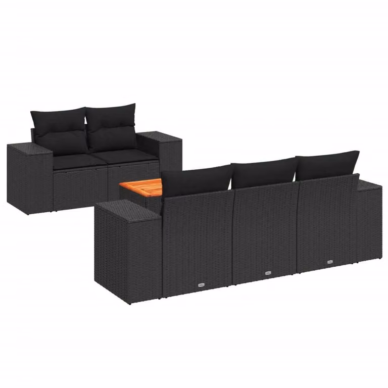 Set Divano da Giardino 6 pz con Cuscini Nero in Polyrattan