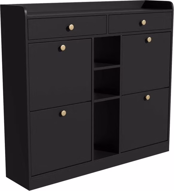 Scarpiera per ingresso con 4 ante a ribalta, 2 cassetti e 3 vani aperti, in MDF nero opaco, L: 110 cm, P: 26 cm, H: 100 cm