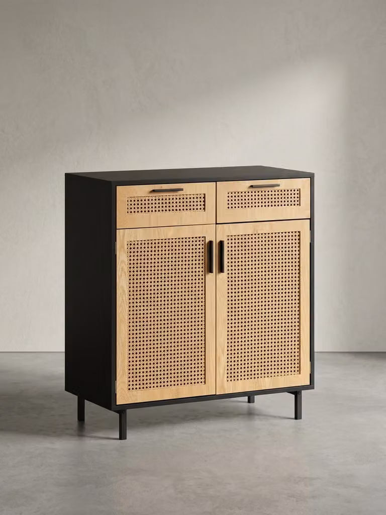 Credenza 80x86,5x40 cm Comò nero con intreccio viennese, Comò alto senza tempo, Mobile soggiorno con 2 ante e cassetti, Credenza in rattan