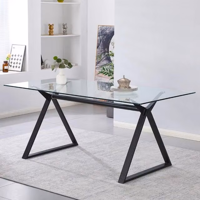 Tavolo da Pranzo Skylar 150×90 cm in Vetro Temperato con Gambe a Cavalletto Nere