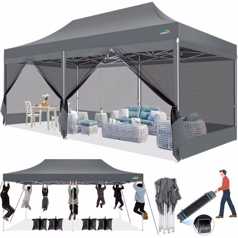Gazebo da esterno 3x6 metri, impermeabile, con protezione UV e 6 pareti laterali in rete, colore grigio