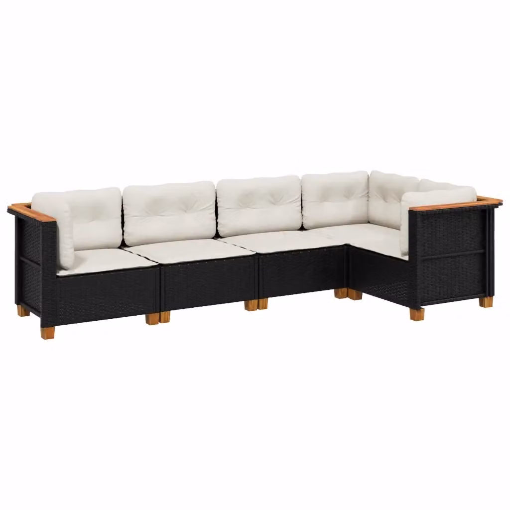 Set di Divani da Giardino a L vidaXL in Polyrattan e Legno di Acacia con Cuscini Bianchi e Struttura in Acciaio Nero – 2