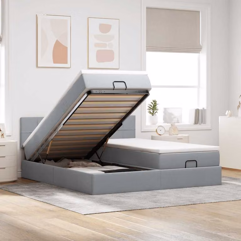 Struttura Letto con Pouf e Materassi vidaXL in Tessuto con Contenitore a Sollevamento, L/P/H: 200 x 200 x 88 cm, Grigio e Bianco