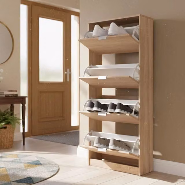 Scarpiera DMORA Santina con 8 ripiani e ante a ribalta, Marrone Rovere, L: 67 cm, P: 28 cm, H: 155,5 cm