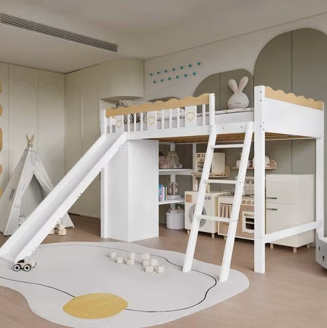 Letto a castello per bambini 90x200 cm bianco e naturale con scivolo